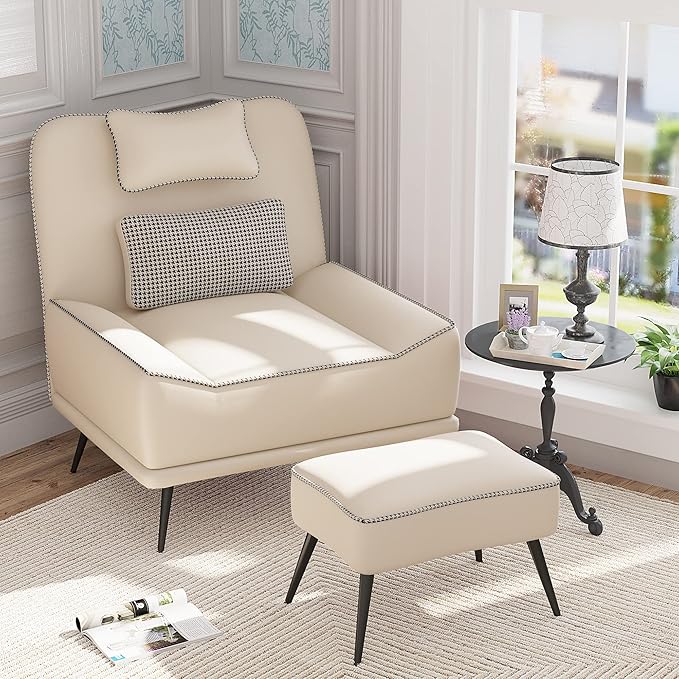Yongqiang Faux Leather Accent Chair with Ottoman Modern Upholstered Large Sofa Chair for Living Room Bedroom Lounge Chair Armless Accent Chair and Ottoman Set Beige