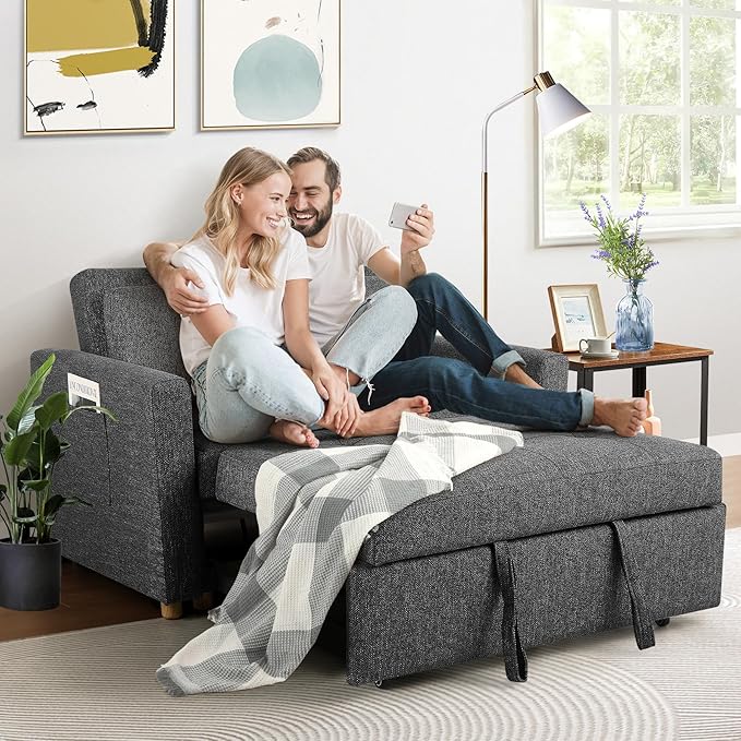SEJOV Sleeper Sofa 3-in-1 Convertible Pull Out Couch Bed Futon Sofa Linen Fabric Loveseat with 2 Pillows and Adjustable Backrest Chaise Lounge for Small Spaces Apartment Dorm Office Black
