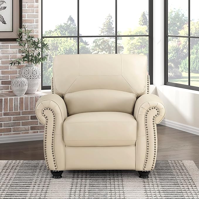 Lexicon Top Grain Leather Match Chair Accent Chairs for Living Room with Solid Wood Frame Rolled Armrest &amp Nailhead Trim Comfy Reading Chair for Bedroom Office Waiting Room Cream