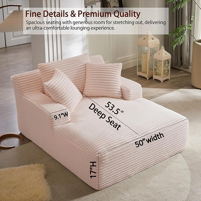 50 Inch Oversized Chaise Lounge Chair Corduroy Upholstered Sleeper Sofa Bed with Spring Cushion No Assembly Lazy Boneless Chaise Lounge for Bedroom Office Pink