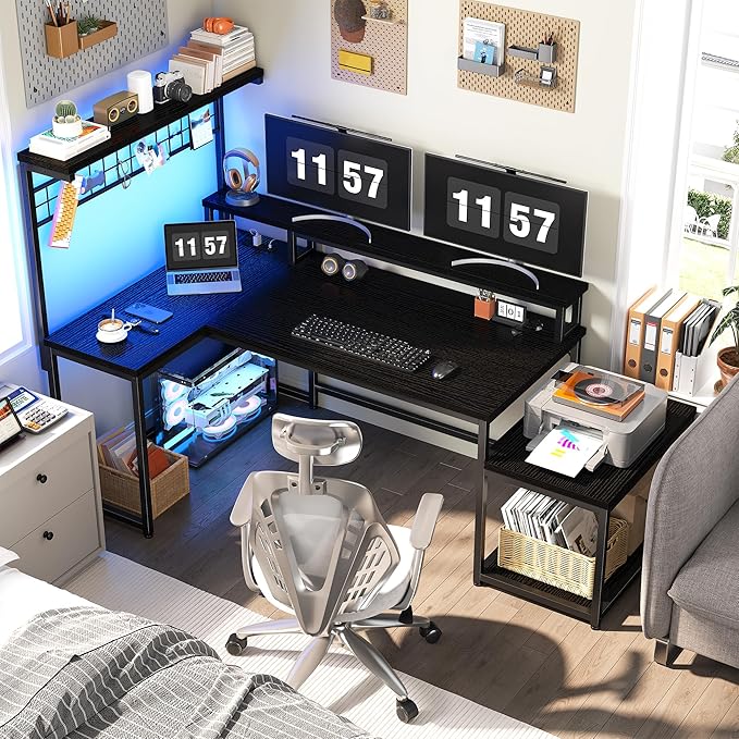 EnHomee 56 Medium L Shaped Gaming Desk with LED &amp Power OutletsComputer Desk with Monitor Stand &amp Print Stand for Home OfficeReversible Corner Gaming Table with Storage Shelf &amp HooksBl