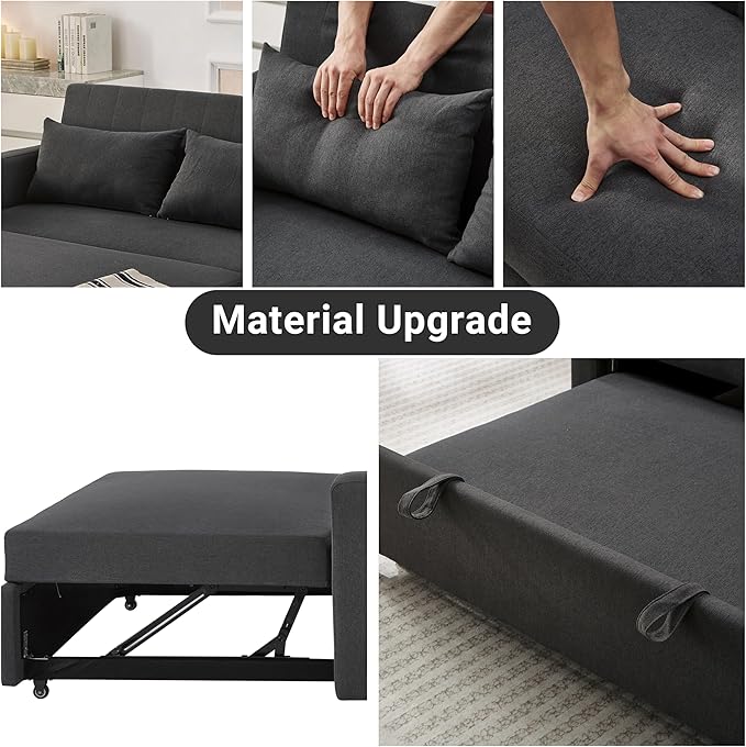 55.5 Fabric Convertible Sofa Bed Pull Out Sleeper Sofa Bed Loveseat Couch with Side Pocket 3 in 1 Convertible Sleeper Sofa Bed for Living Room Apartment Bedroom RV Black