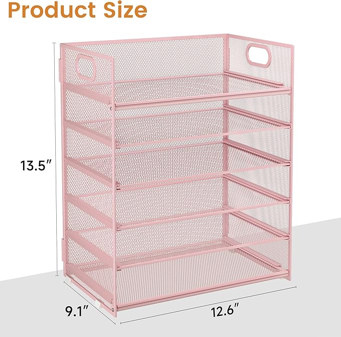 Subekyu 6 Tier Office File Paper Desk Tray Organizer with Handle Stackable Slide Mesh Letter Tray Folder Pink Desk Organizer Desktop Document Sorter for Classroom Office Home Supplies Storage