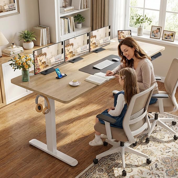 farexon Electric Standing Desk Adjustable Height 71 x 28 Inch Sit Stand up Desk with Large Mouse Pad Double Metal Hook4 Wheels4 Memory Preset Heights Home Office Computer DeskOak Grey