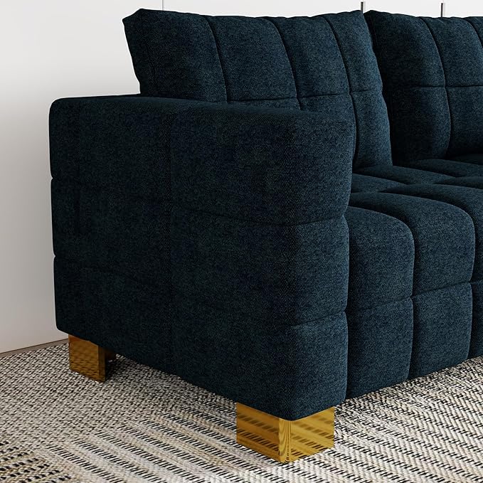 81.89 Sofa Comfy 3 Seat Sofa Tufted Chenille Upholstered Sofa Couch for Living Room with Gold Metal Legs and 2 Throw Pillows (Blue-N)