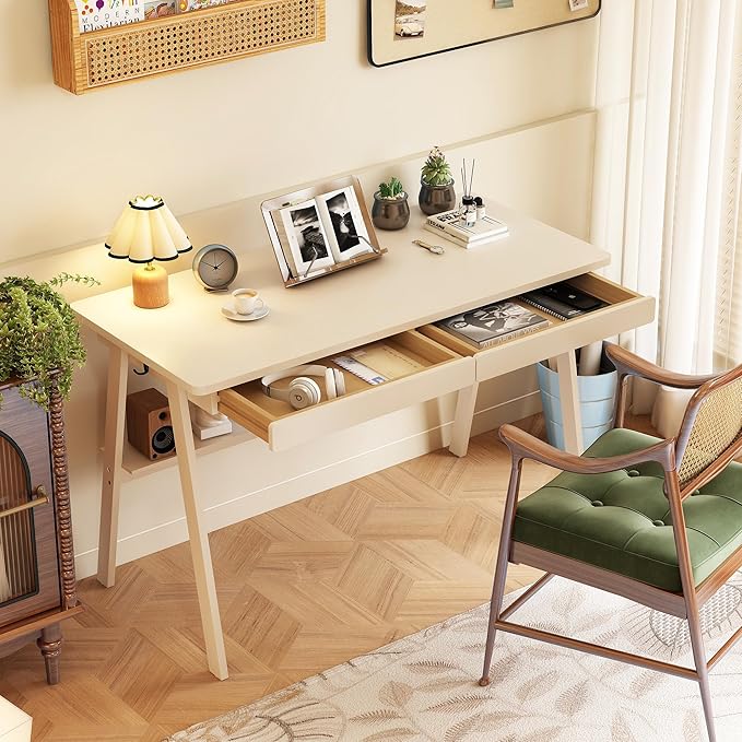 Solid Wood Desk with Drawers - 47.2 Inch Writing Desk with Drawers &amp Storage Shelf Simple Modern Study Table Home Office Computer Desks for Bedroom &amp Home White Desks