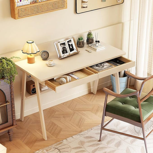 Solid Wood Desk with Drawers - 47.2 Inch Writing Desk with Drawers &amp Storage Shelf Simple Modern Study Table Home Office Computer Desks for Bedroom &amp Home White Desks