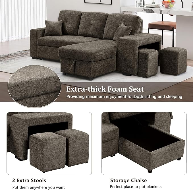 Flieks Reversible Sleeper Sectional Sofa Bed with Side Shelf and 2 StoolsPull-Out L-Shaped Sofa BedCorner Sofa-Bed with Storage Chaise Left/Right Hande for Living RoomKnox Charcoal