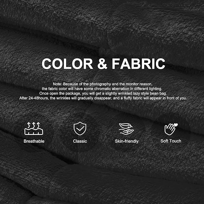 Bean Bag Chairs for Adults Giant Bean Bag Chair Memory Foam BeanBag Chair Bean Bag Sofa with Filler Faux Fur Fireside Beanbags Lazy Sofa for Living Room Bedroom Office (Black Plush Single)