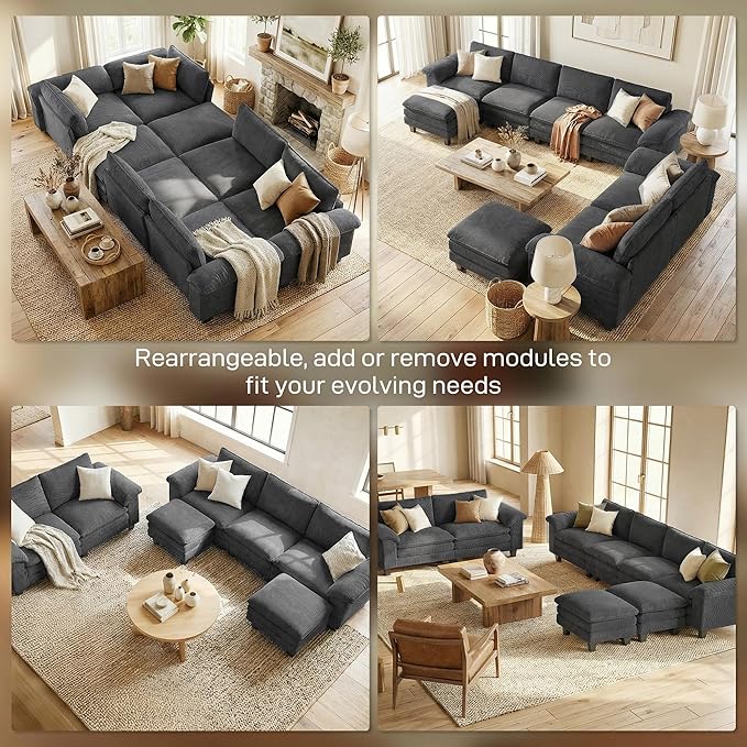 HOMCOM Modular Sectional Sofa Couch 124 Oversized L Shape Sectional Cloud Couch with Deep Seat Movable Ottoman and Pillow-top Armrests for Living Room Bedroom and Apartment Dark Gray | Deep seat