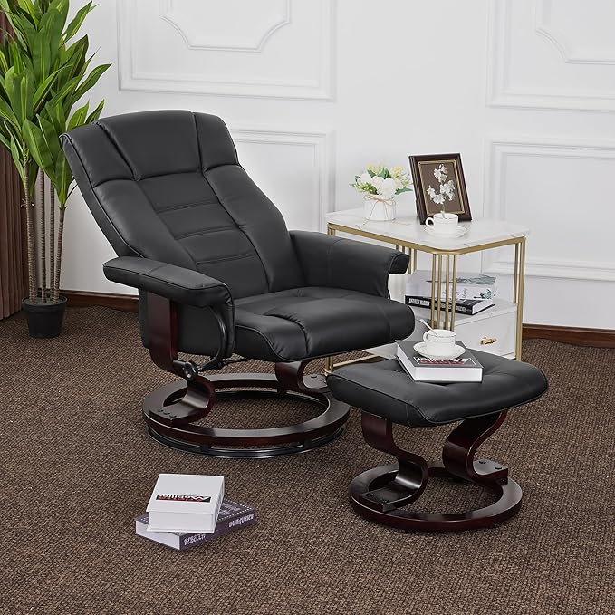 MCombo Manual Swivel Recliner with Ottoman Chair Ottoman Set for RV Small Spaces Living Room Bedroom Office 9019 4919 (Faux Leather Black)