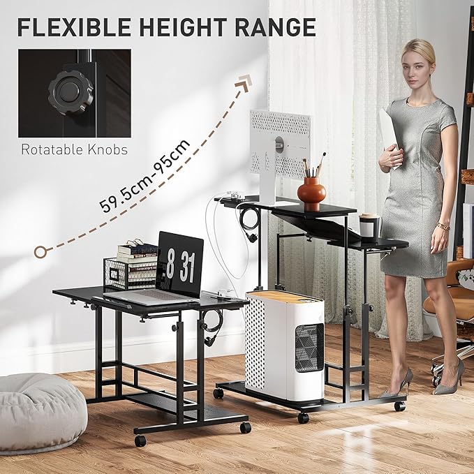 HOMCOM Height Adjustable Standing Desk with Power Outlets Stand Up Desk with Tiltable Tabletop Lockable Wheels Bottom Shelf Rolling Workstation for Home Office Black