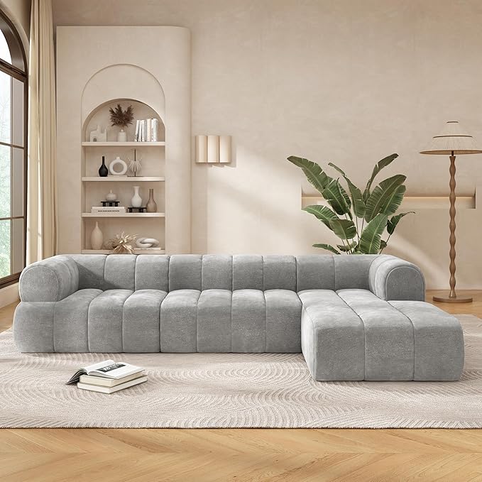 Christopher Knight Home Mania 122 Modular L-Shape Sofa Couch with Chaise Lounge Modern Sectional Sofa Set for Living Room Boucle Fabric Upholstered Cloud Couch with Deep Seat Gray