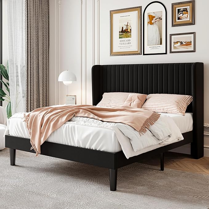SHA CERLIN Queen Size Velvet Bed Frame with Vertical Channel Tufted Wingback Headboard Upholstered Platform Bed with Wood Slats No Box Spring Needed Easy Assembly Black
