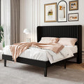 SHA CERLIN Queen Size Velvet Bed Frame with Vertical Channel Tufted Wingback Headboard Upholstered Platform Bed with Wood Slats No Box Spring Needed Easy Assembly Black