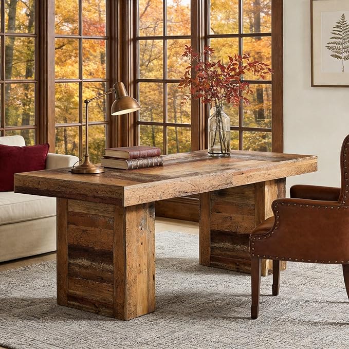 Tribesigns 63 Large Executive Desk Farmhouse Computer Office Desk Wooden Writing Table Rustic Rectangle Business Workspace Table for Home Office Distressd Brown