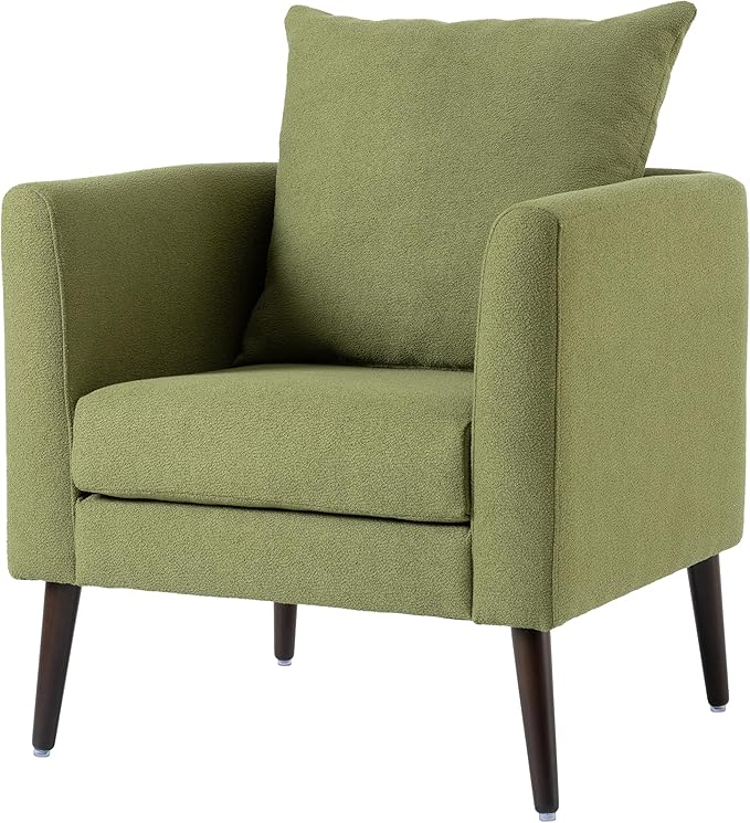 Modern Accent Chair Fabric Armchair Chair with Waist Pillow Upholstered Arm Chair with Solid Wood Legs Padded Single Chair for Living Room Bedroom Study Olive Green
