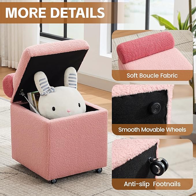 Boucle Vanity Chair with Storage Swivel Makeup Vanity Chair with Wheels &amp Safety Hinge Upholstered Vanity Stool Ottoman for Bedroom Dressing Room Pink