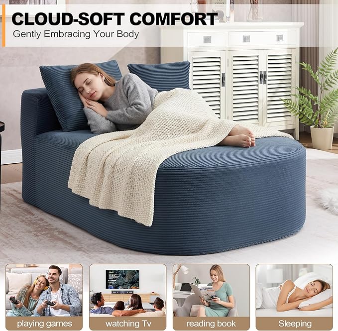 Boneless CouchComfy Fluffy Sofa BedUpholstered Sleeper Sofa with Throw Pillows and ArmrestsCorduroy Plush Cloud Lounge Chair (Blue 67 Chaise Lounge Chair)