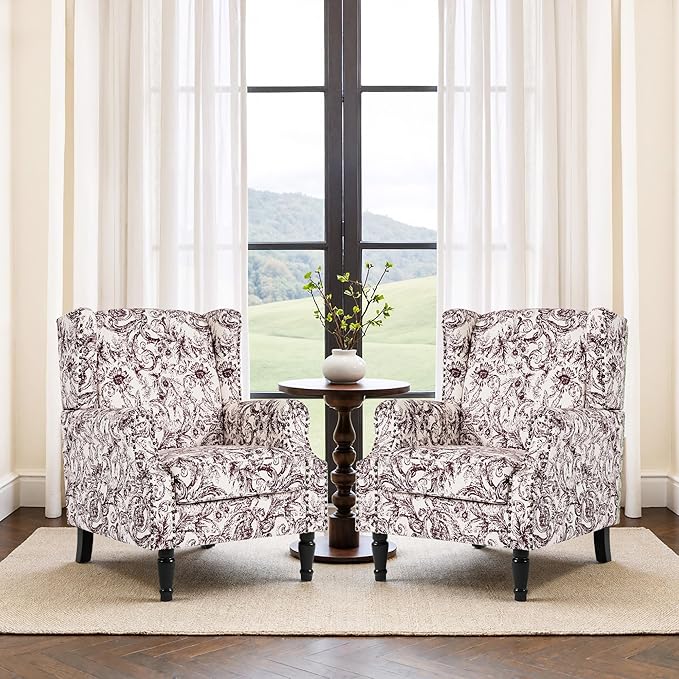Floral High Back Accent Chair Upholstered Armchair with Solid Wood Legs Comfy Wingback Reading Single Sofa Chair for Small Spaces Living Room Bedroom(Floral Rococo Plum Set of 1)