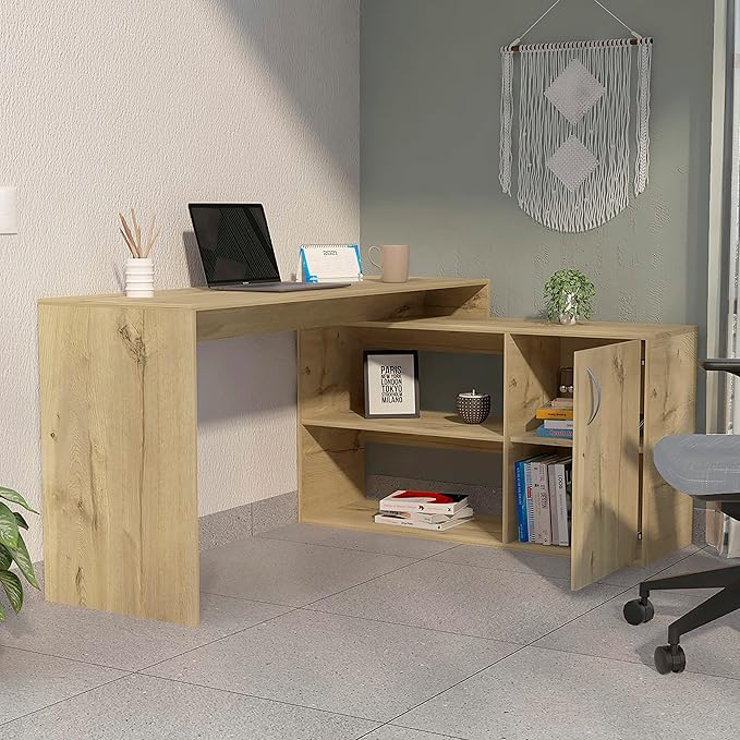 Light Oak L-Shaped Office Desk with 1 Drawer &amp 2 Shelves - Home Office Workstation