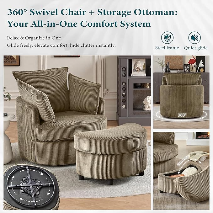 Swivel Accent Chair Round Barrel Armchair Upholstered Living Room Chair Corduroy Reading Chair Single Sofa Chair for Bedroom Apartment Office (Brown Upgrade 1Seater+ Ottoman)