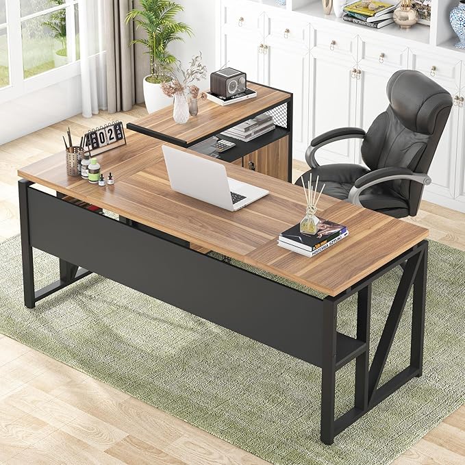 Tribesigns 63 Executive with Drawer Cabinet L Shaped Desk and Lock lateral File Cabinet 2 Piece Home Office Furniture Set with Drawers for Hanging File (Brown 63 inches)