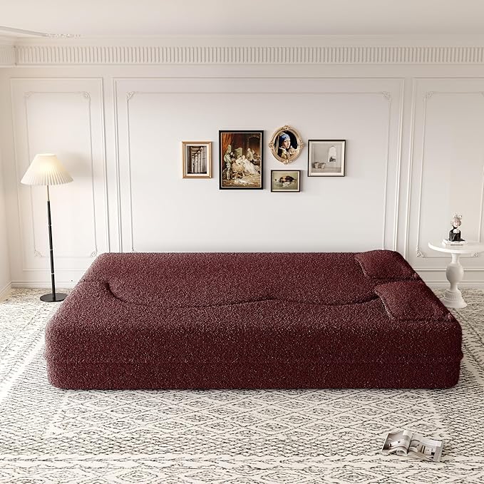 2 in 1 Folding Floor Couch Sofa Bed with 2 Pillows Teddy Fabric Foam-Filled Convertible Sleeper Sofa Full Mattress for Living Room Guestroom No AssemblyBurgundy Required Sofa Bed