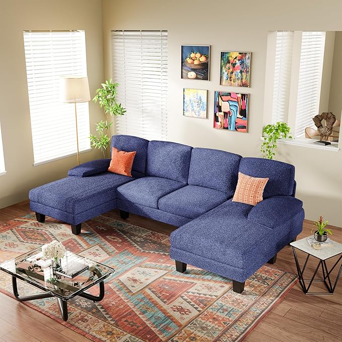 YESHOMY Sectional Couch for Living Room Modern Cloud Couch with Deep Seat and Chaise U-Shaped Sofa Couches with Padded Armrest for Small Apartment (Loop Yarn Blue)
