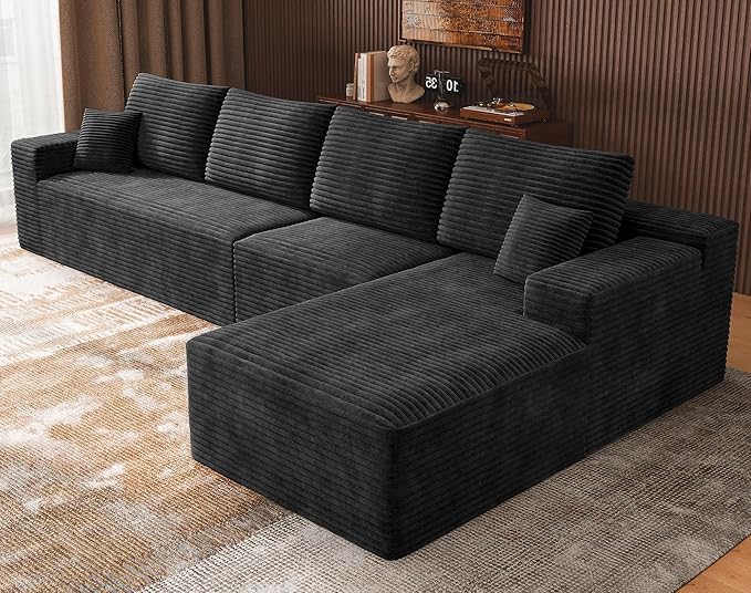 3-Piece Boneless Modular Sectional Sofa Cloud Couch with Right Facing Chaise Oversized Deep Seat Soft Corduroy Fabric Sectional Couch for Living Room-Black