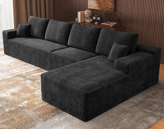 3-Piece Boneless Modular Sectional Sofa Cloud Couch with Right Facing Chaise Oversized Deep Seat Soft Corduroy Fabric Sectional Couch for Living Room-Black