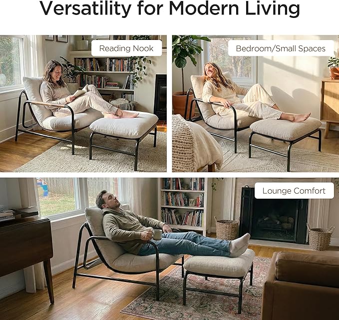 Acanva Accent Chair with Ottoman Modern Reading Chair for Adults Shredded Latex Filling Lazy Lounge Armchair for Living Room Bedroom Small Spaces White