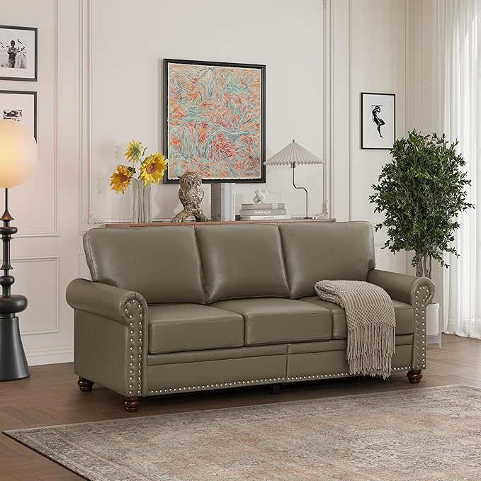 82 Faux Leather Pu Couch Underseat Storage Classic Sofa Elegance 3 Seat with Rolled Armrests Nailhead Trim Wood Legs Classic Living Room Accent Sofa 3 Seat-Grey