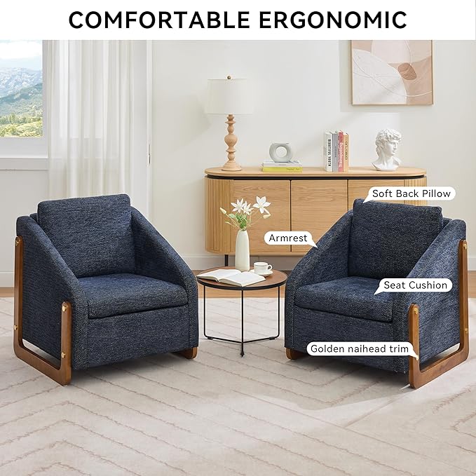 Modern Upholstered Living Room ChairsComfy Chenille Fabric Accent Armchair with Wooden Side FrameSoft Cushion Seat and Backrest Reading Sofa Chair for Bedroom Office (Blue Set of 2)