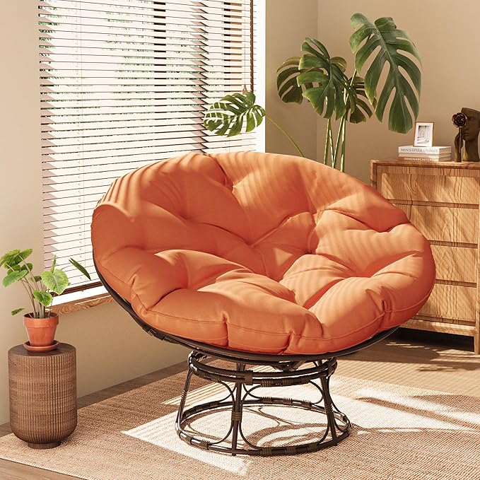 46'' Large Size Papasan Chair (Non-Swivel) with Cushion and Frame Round Lazy Chair for Living Room and Bedroom Orange