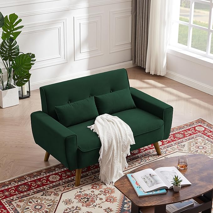 48.8 Small Loveseat Sofa Mid Century Modern Love Seat Couch with Back Cushions and Plastic Legs 2 Seater Couches for Living Room Bedroom Small Spaces Green