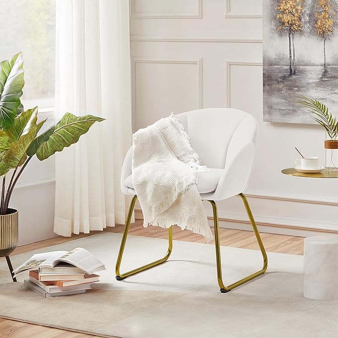 Yaheetech Modern Velvet Vanity Chair Armchair Flower Shaped Makeup Chair with Golden Metal Legs for Living Room/Makeup Room/Bedroom/Home Office/Kitchen White