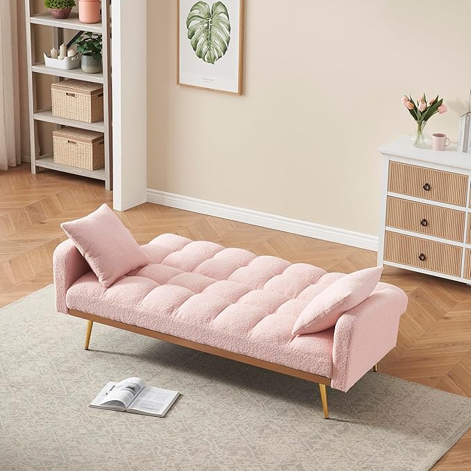 69-inch Convertible Sofa Bed with Two Throw Pillows Suitable for Living Room Bedrooms Offices Pink