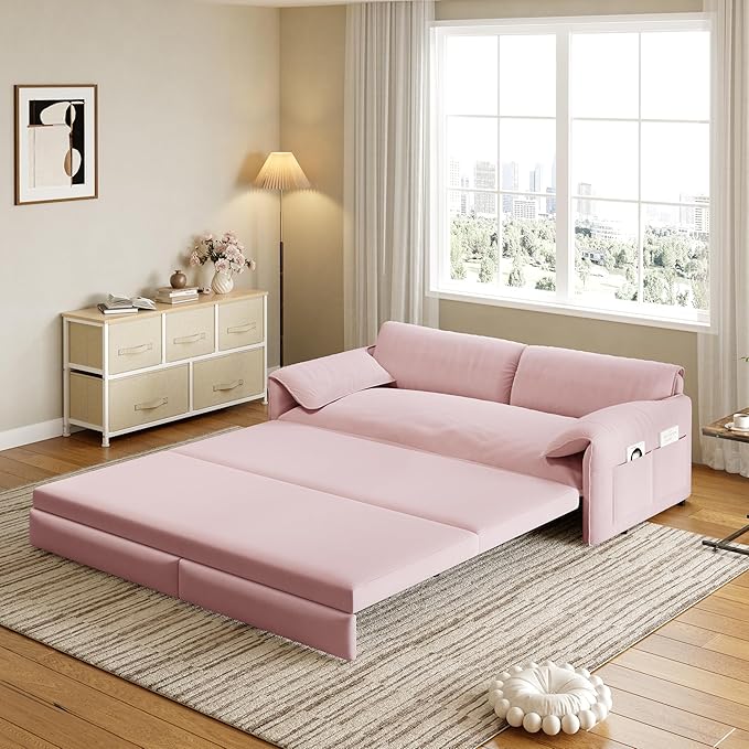 healthomse 66 Queen Size Sleeper Sofa Bed 3-in-1 Convertible Pull Out Sofa Bed with Side Storage Modern Velvet Loveseat for Living Room Bedroom Apartment Office Lounge (Dark Pink 66inch)