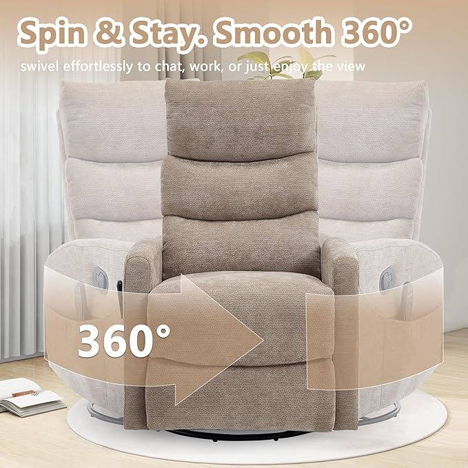 cinkehome Swivel Rocker Recliner Chair Upholstered Nursery Glider Recliner Chair with Heated Massage High Back Side Pocket (Khaki Chenille Fabric)