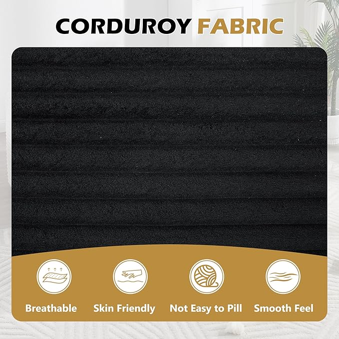 66 Oversized Chaise Lounge Chair Indoor Corduroy Upholstered Sofa Bed with Pocket Springs&ampHigh-Density Foam Deep Seat Sleeper Couch with 3 Pillows No Assembly for Living Room (Black)