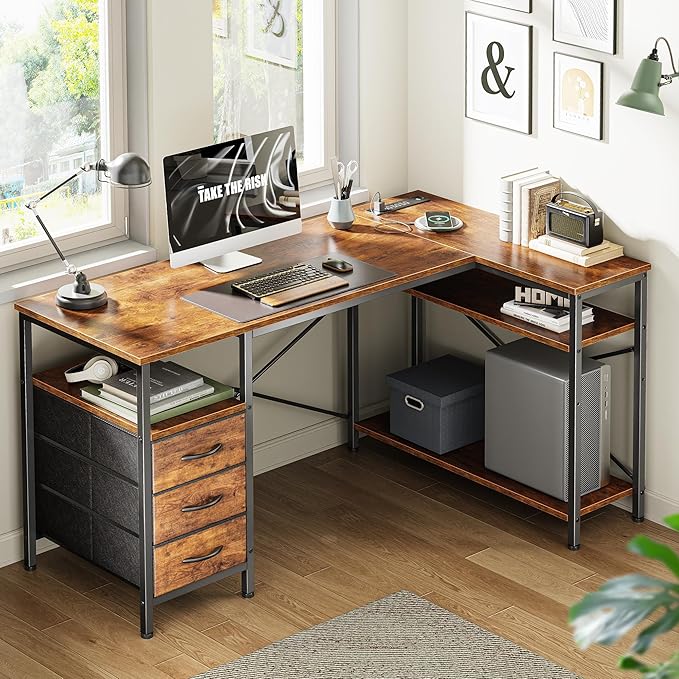 Huuger L Shaped Office Desk with Power Outlets 47 Inch Computer Desk with 3 Drawers Shelves for Gaming Corner Work Home Office Study Rustic Brown