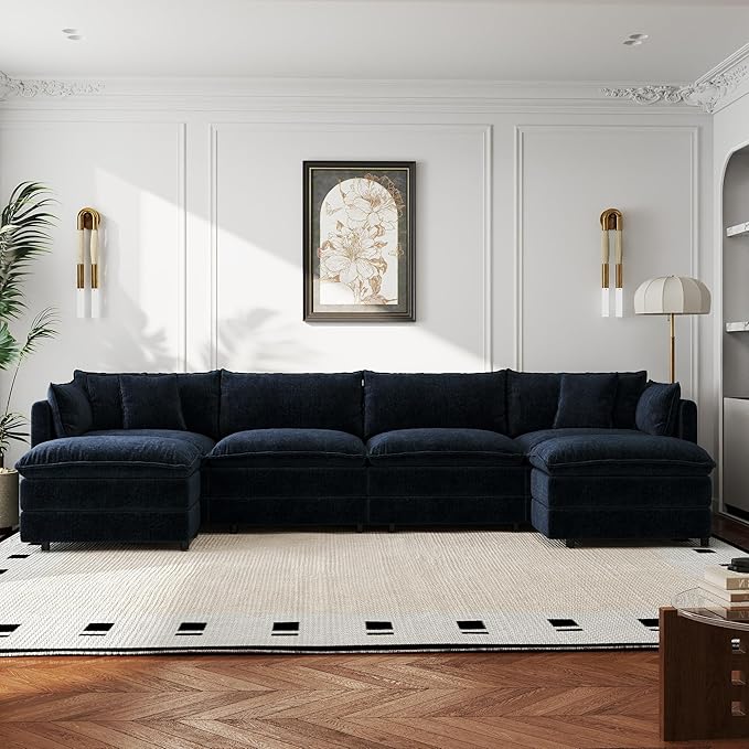 Aoowow Modular Sectional Sofa Modern Convertible U Shaped Couch147.2 Inch Deep 4-Seater Sofas Set Comfy Chenille Cloud Sofas and Couches with Movable Ottoman for Living Room Apartment（Blue）