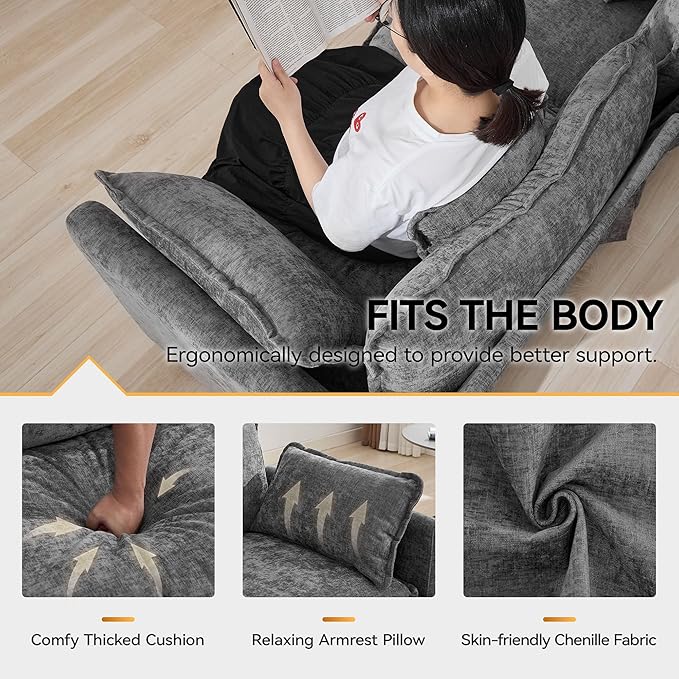 111'' Sectional Cloud Deep Seat Couch Modern Comfy Chenille Modular Sectional Sofa for Living Room Set Upholstered Modular 3-Seats Sofa Couch Grey