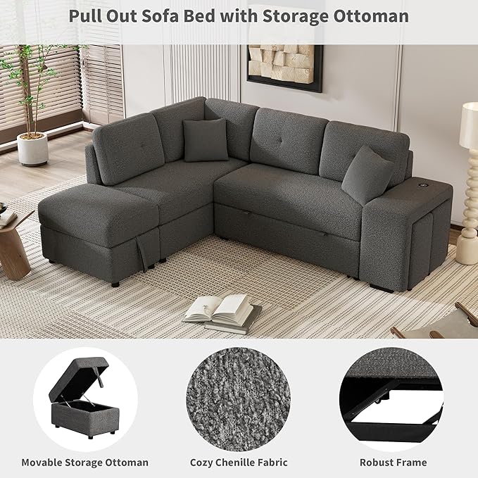 Upholstered L-Shaped Convertible Corner Sofa Couch with 2 Stools and 2 Throw Pillows Chenille Sectional Pull Out Sofa Bed with Storage Ottoman and 2 Hidden USB Ports for Living Room (Dark Grey-5)