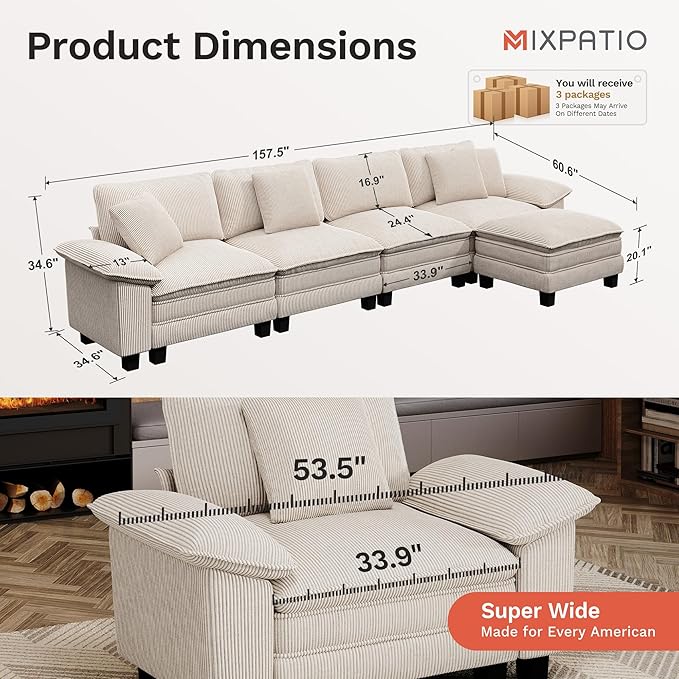 157-Inch L Shaped Sectional Sofa with Cloud Cushions Deep Seat Modular Couch Set w/ 5 Seats &amp 1 Ottomans Removable Arms Plush Corduroy Upholstery for Living Room Apartment - Beige