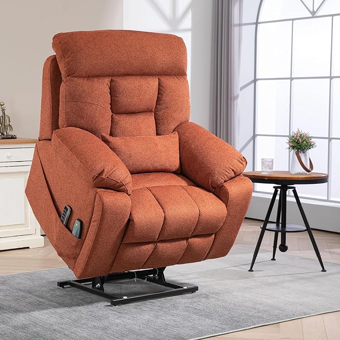 4 Motor Power Lift Recliner Chair for Elderly 400LBS Big Man Oversized Lay Flat Recliner with Massage Heat Zero Gravity Electric Lift Chair Adjustable Headrest Cup Holders Orange