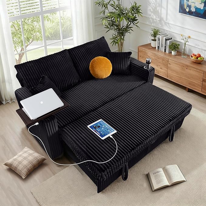 65in Sleeper Sofa Bed Convertible Pull Out Couch with Small Table| USB Port | Cup Holder | Corduroy Fabric | Adjustable Backrest for Apartment Office Bedroom Guest Room (Black)
