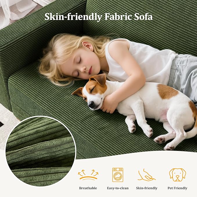 Vipbear 65.4 Loveseat Sofa Green Corduroy Couch Mid-Century Modern Small Couches for Living Room Bedroom Office Comfy Sofa with Spring Cushion Solid Wood Frame Tool-Free Assembly