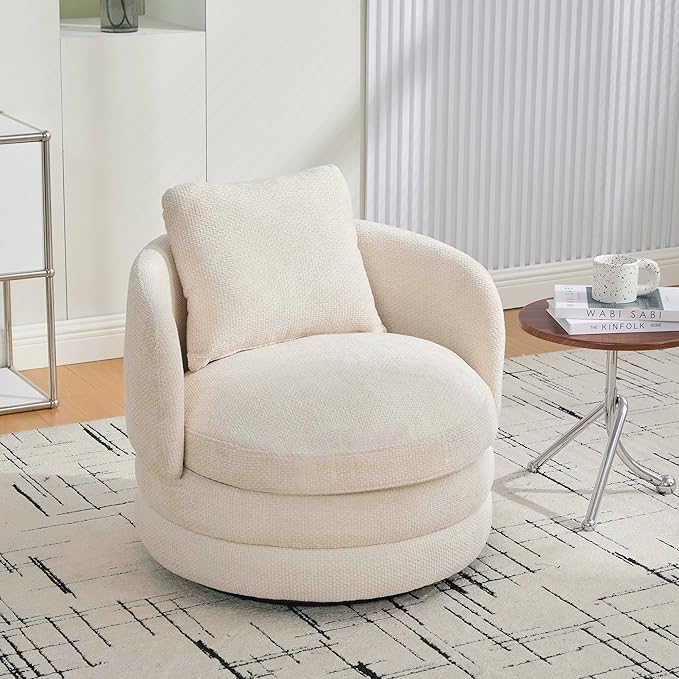 30 Modern Round Chenille Barrel Accent Chair 360° Swivel Ergonomic Comfy Upholstered with Pillow for Living Room Bedroom Reading Room Balcony Lounge Beige